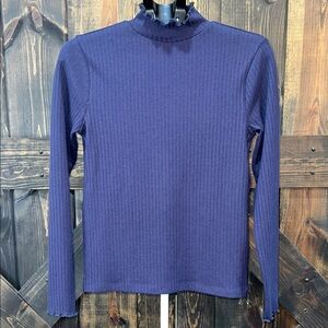 J. Crew Ruffle Ribbed Mock Neck Top S Neutral Minimalist Boho Academia Preppy